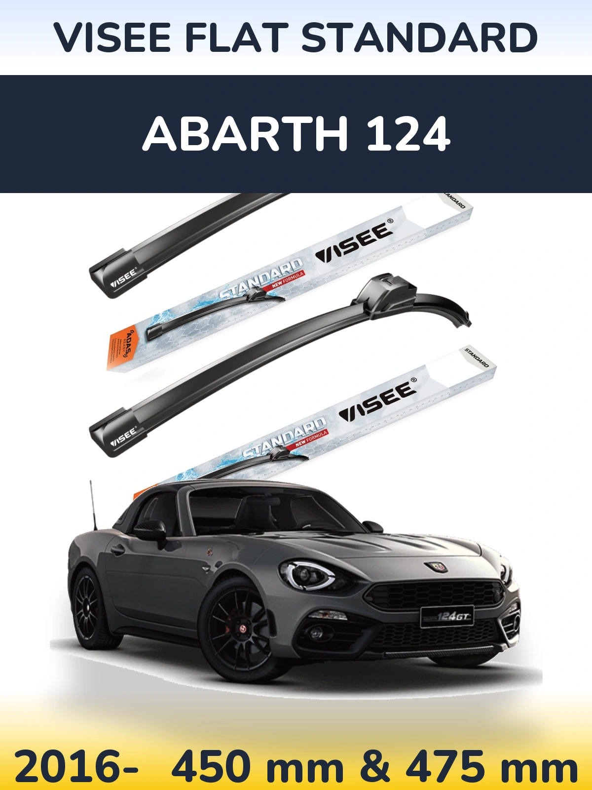 Front wiper blade set VISEE FLAT STANDARD 450 & 475 mm for Abarth 124 2016-2026
