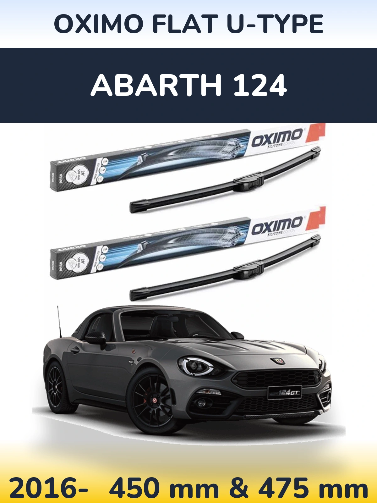 Front wiper blade set Oximo Flat U-type 450 & 475 mm for Abarth 124 2016-2026