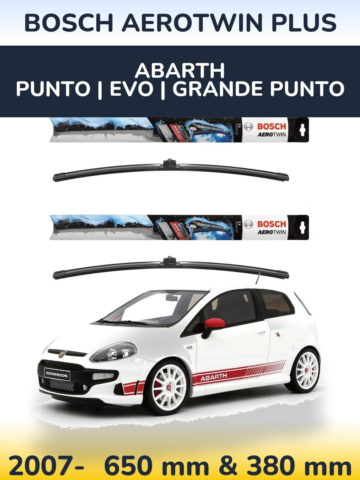 Front wiper blade set BOSCH AeroTwin Plus 650 & 380 mm for Abarth Punto | Evo | Grande Punto 2007-2026