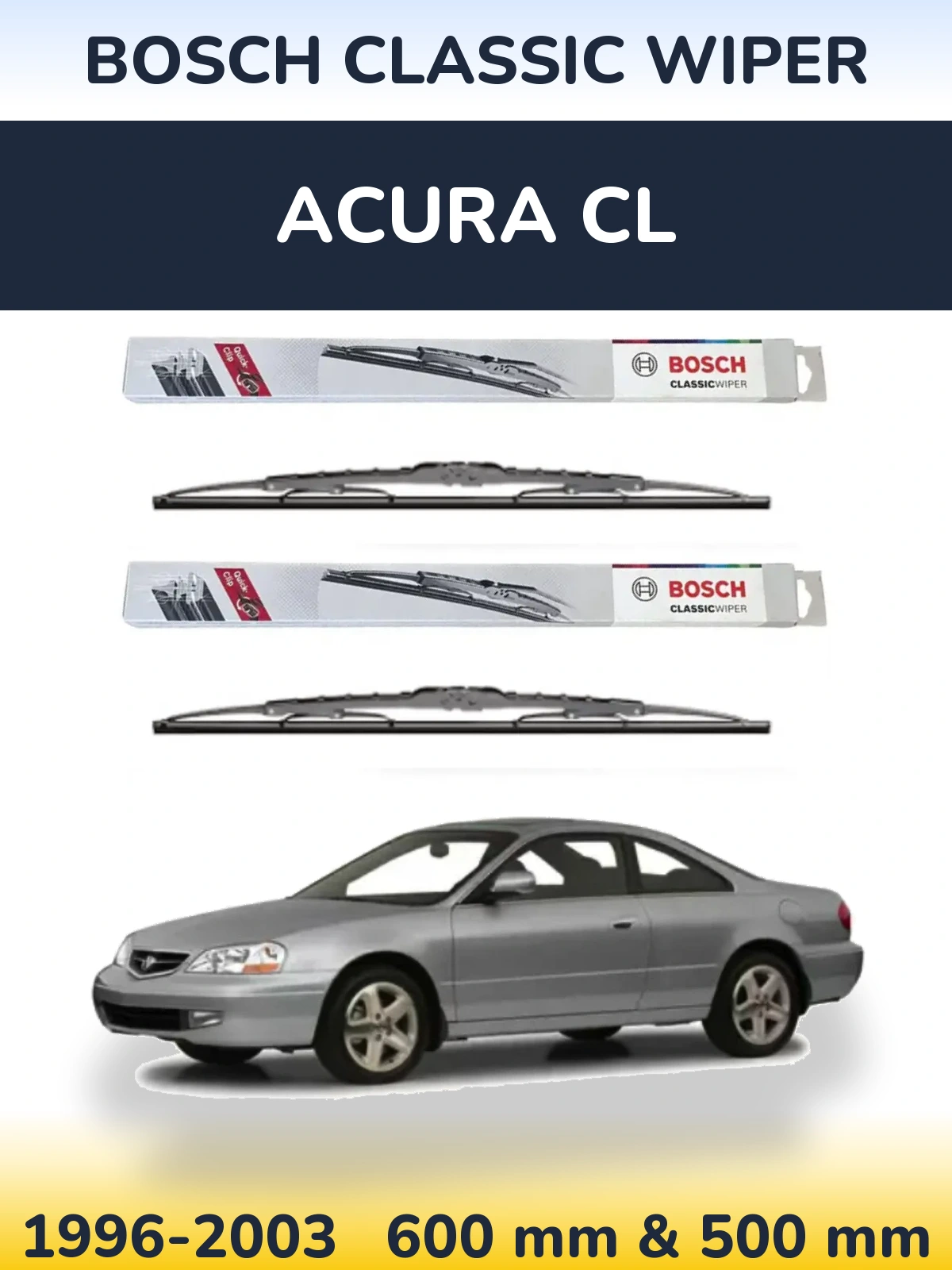 Front wiper blade set BOSCH Classic Wiper 600 & 500 mm for Acura CL 1996-2003