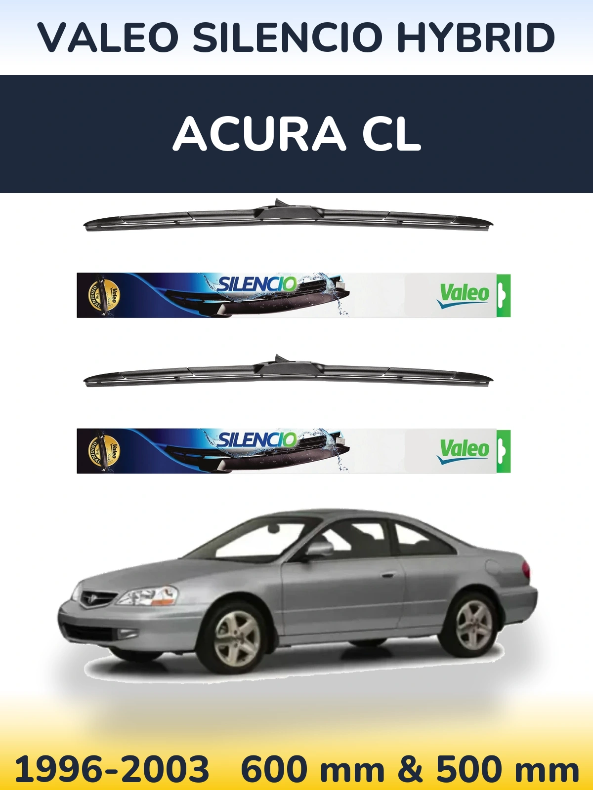 Front wiper blade set Valeo Silencio Hybrid 600 & 500 mm for Acura CL 1996-2003