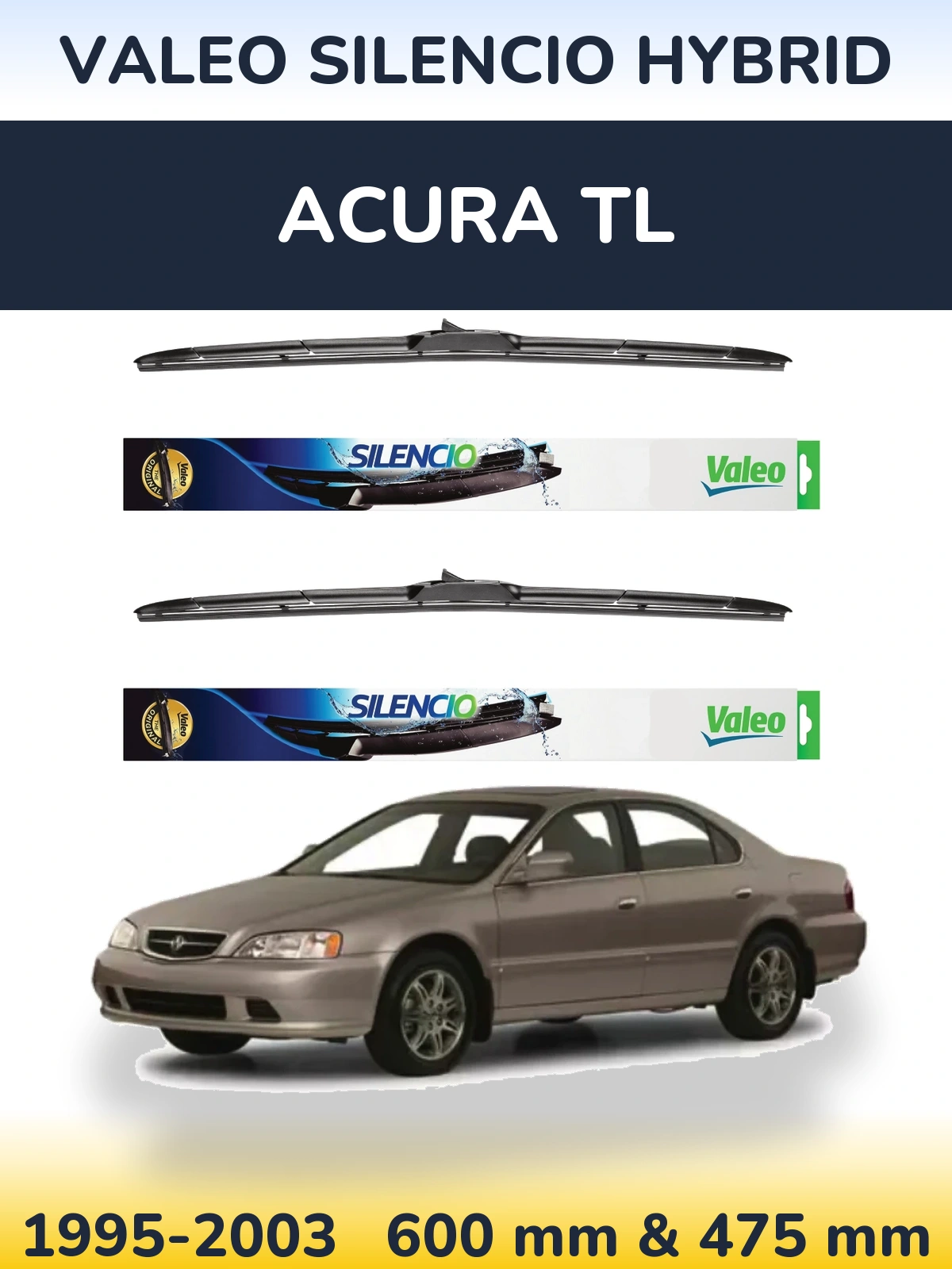 Front wiper blade set Valeo Silencio Hybrid 600 & 475 mm for Acura TL 1995-2003