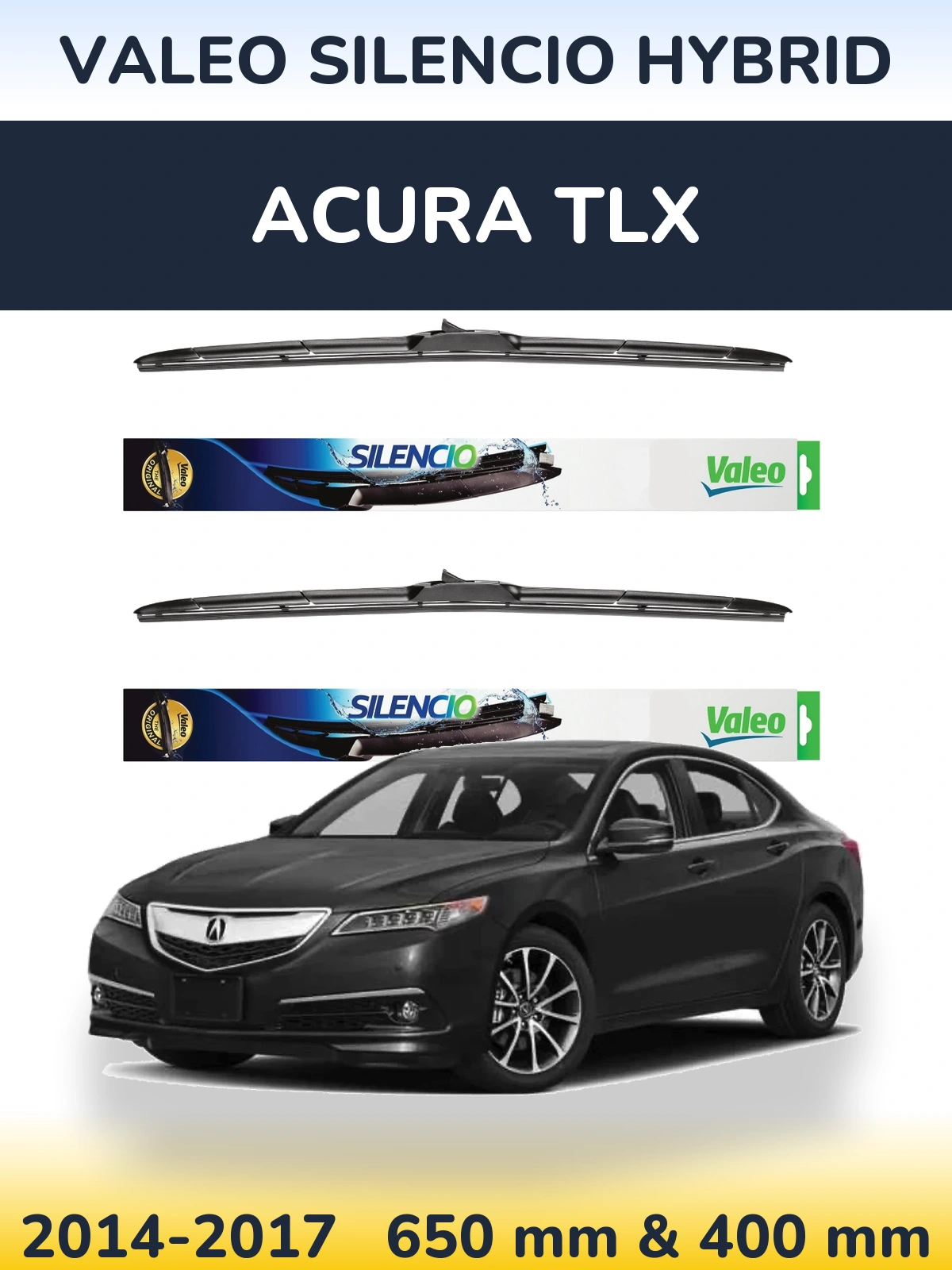 Front wiper blade set Valeo Silencio Hybrid 650 & 400 mm for Acura TLX 2014-2017