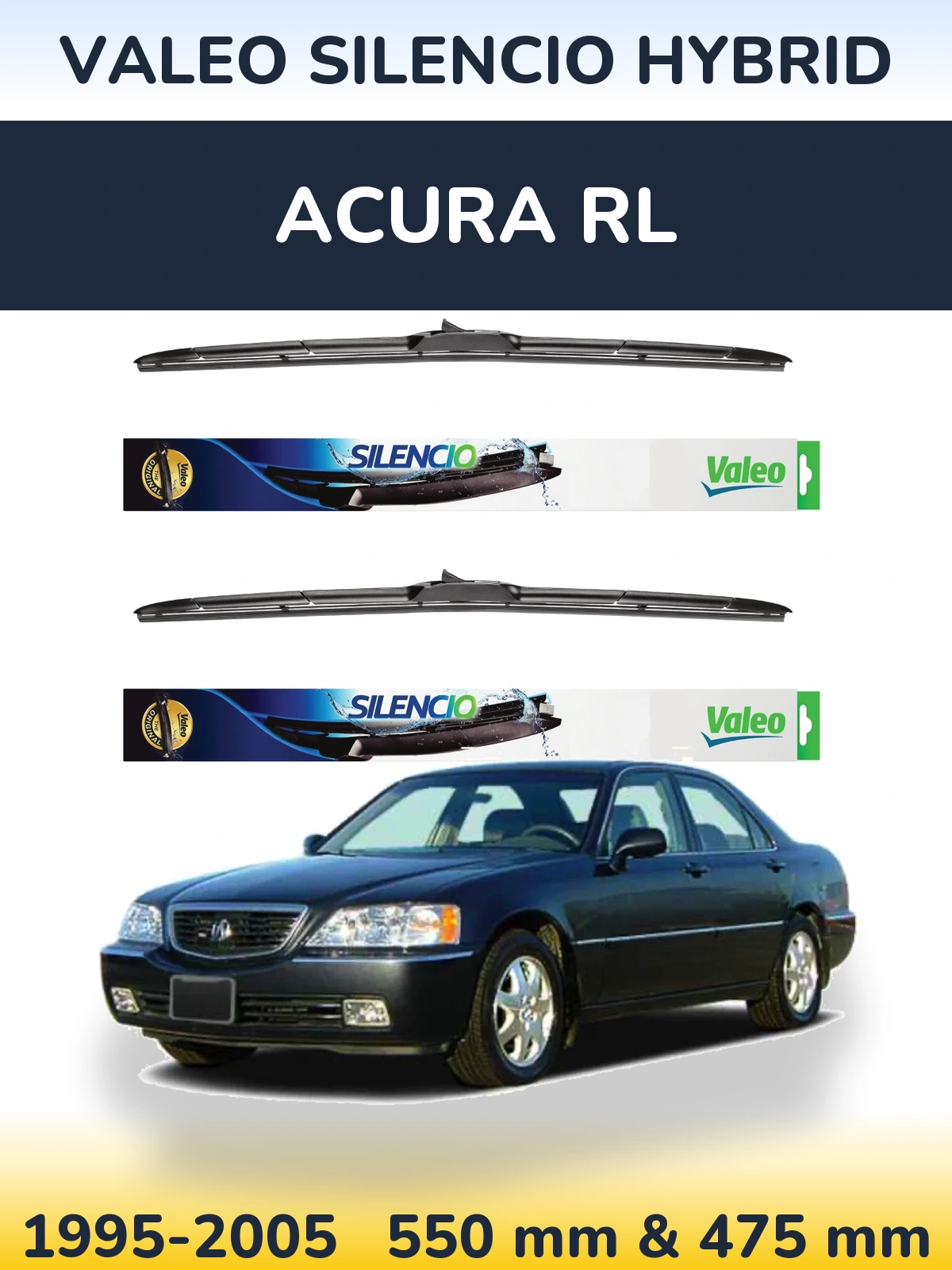 Front wiper blade set Valeo Silencio Hybrid 550 & 475 mm for Acura RL 1995-2005