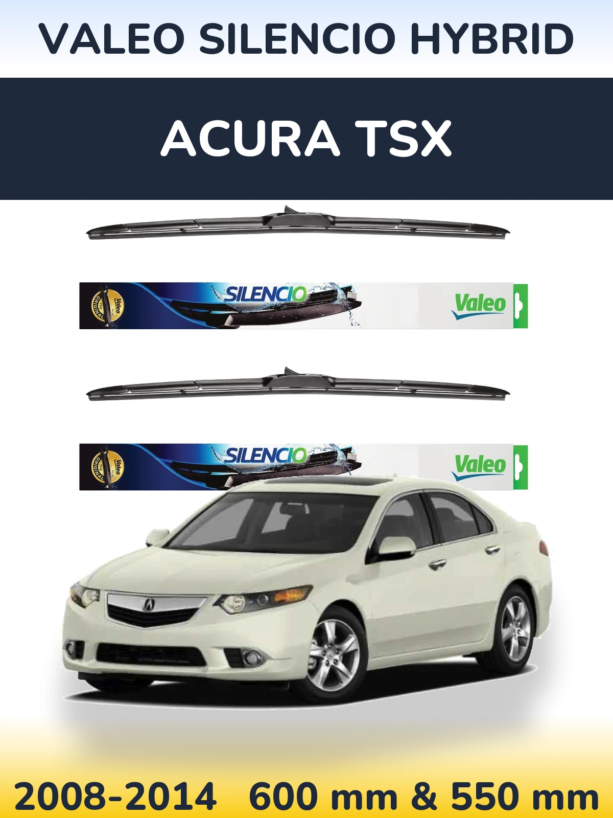 Front wiper blade set Valeo Silencio Hybrid 600 & 550 mm for Acura TSX 2008-2014