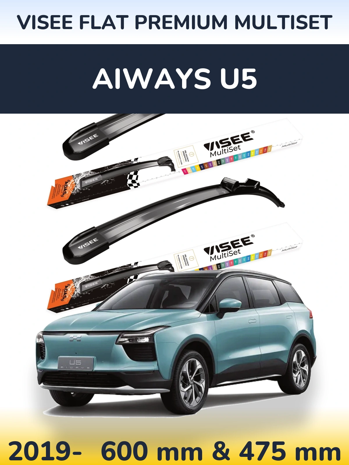 Front wiper blade set VISEE FLAT PREMIUM MultiSet 600 & 475 mm for Aiways U5 2019-2026