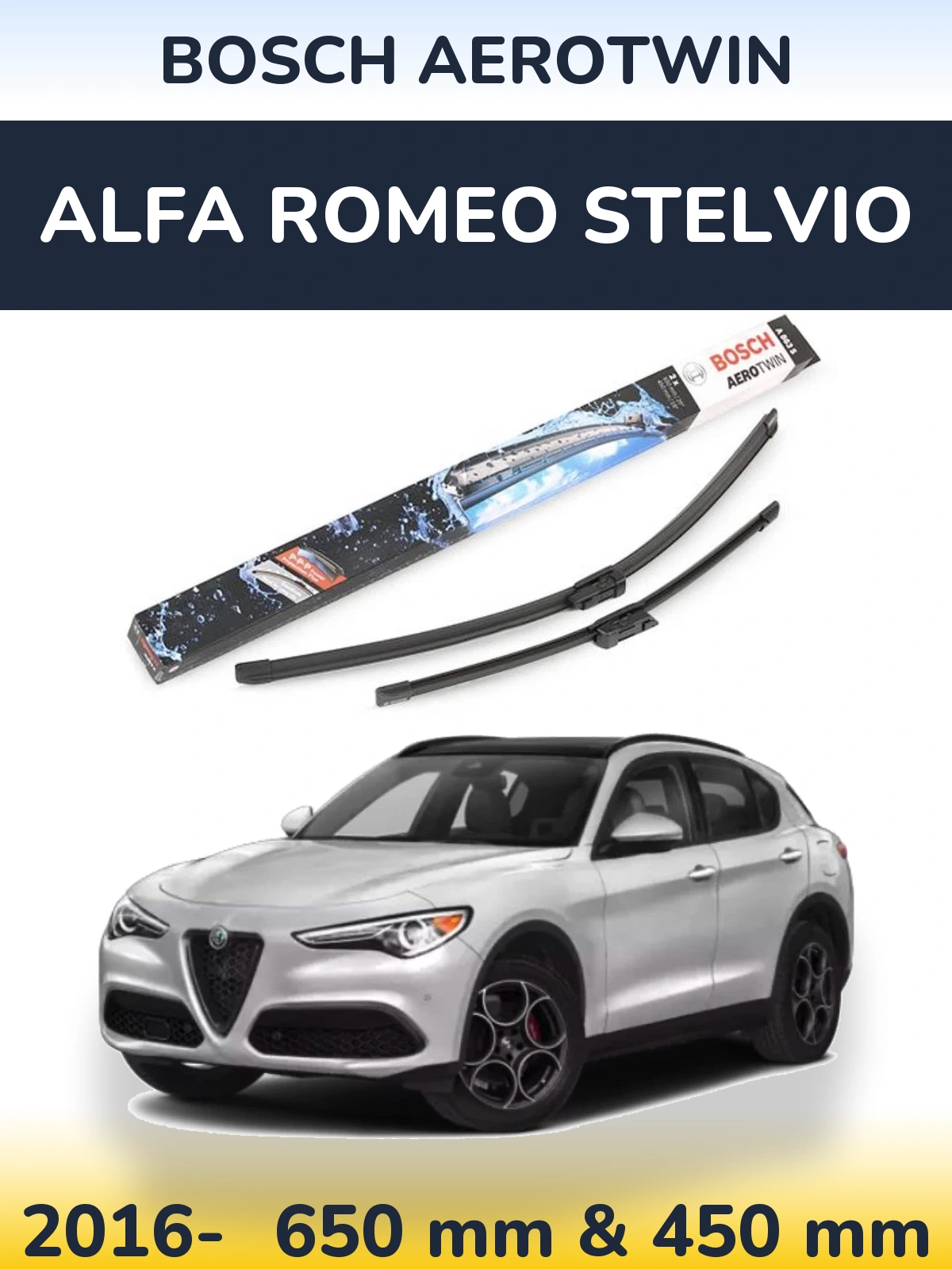 Front wiper blade set BOSCH AeroTwin 650 & 450 mm for Alfa Romeo Stelvio 2016-2026