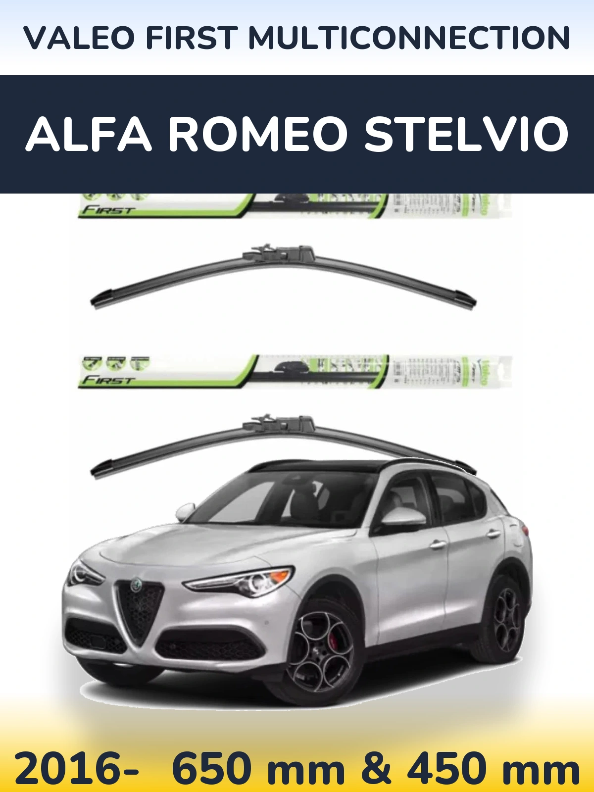 Front wiper blade set Valeo First MultiConnection 650 & 450 mm for Alfa Romeo Stelvio 2016-2026
