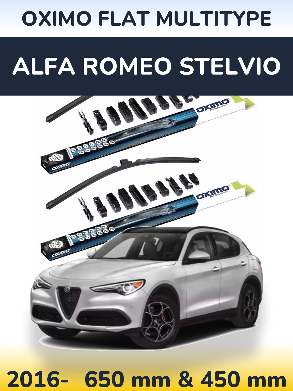 Комплект передних дворников Oximo Flat MultiТипe 650 & 450 мм для Alfa Romeo Stelvio 2016-2026