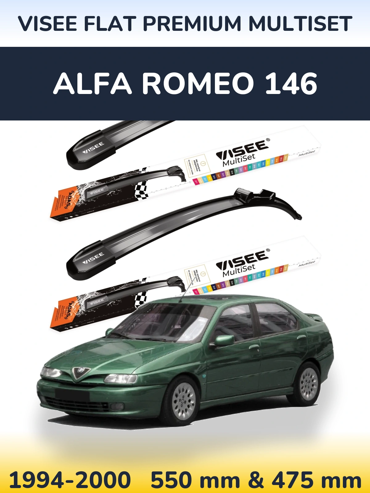 Front wiper blade set VISEE FLAT PREMIUM MultiSet 550 & 475 mm for Alfa Romeo 146 1994-2000