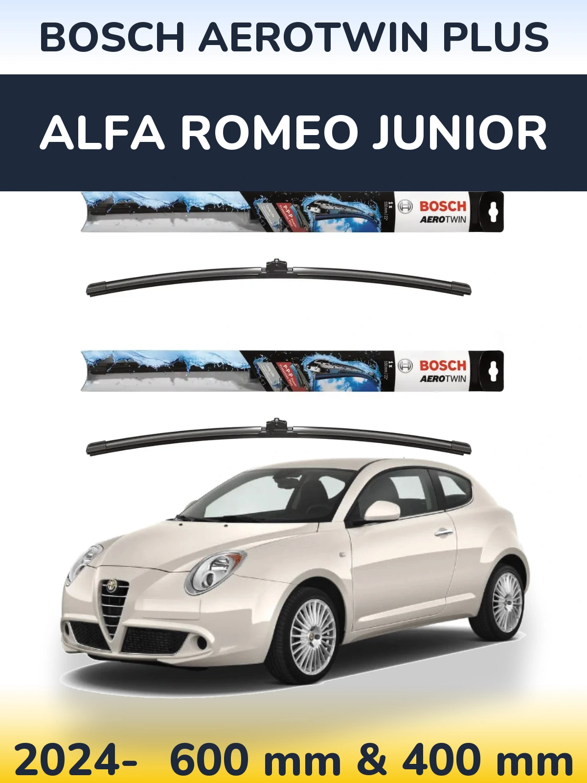 Front wiper blade set BOSCH AeroTwin Plus 600 & 400 mm for Alfa Romeo Junior 2024-2026