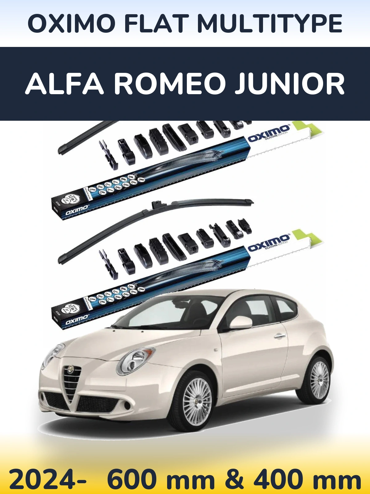 Front wiper blade set Oximo Flat MultiTipoe 600 & 400 mm for Alfa Romeo Junior 2024-2026