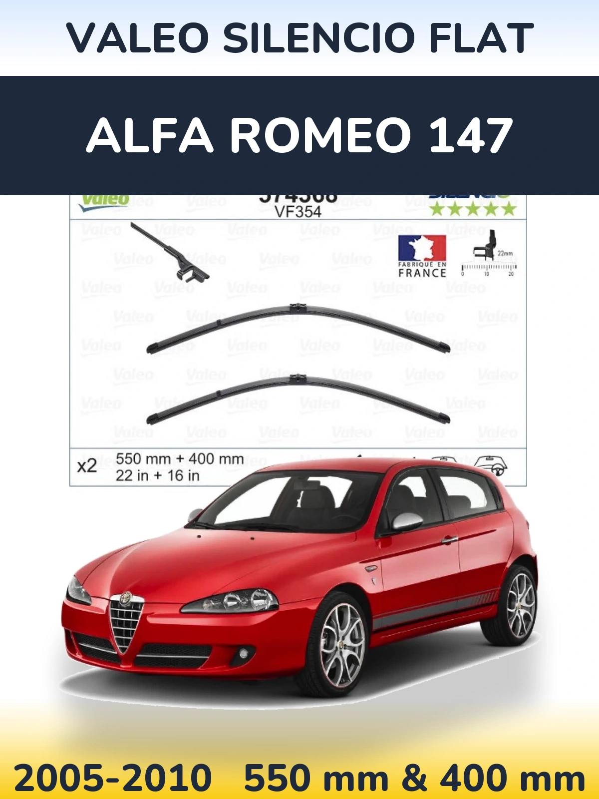 Front wiper blade set Valeo Silencio Flat 550 & 400 mm for Alfa Romeo 147 2005-2010