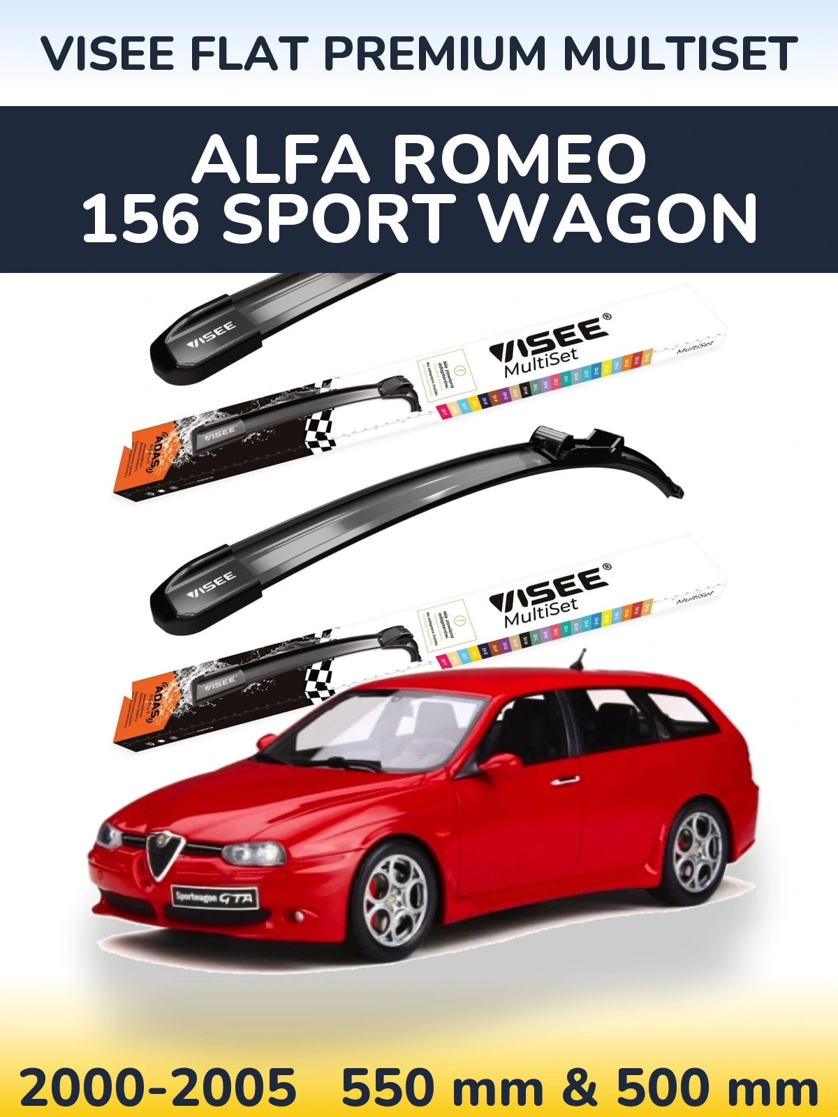 Front wiper blade set VISEE FLAT PREMIUM MultiSet 550 & 500 mm for Alfa Romeo 156 Sport Wagon 2000-2005