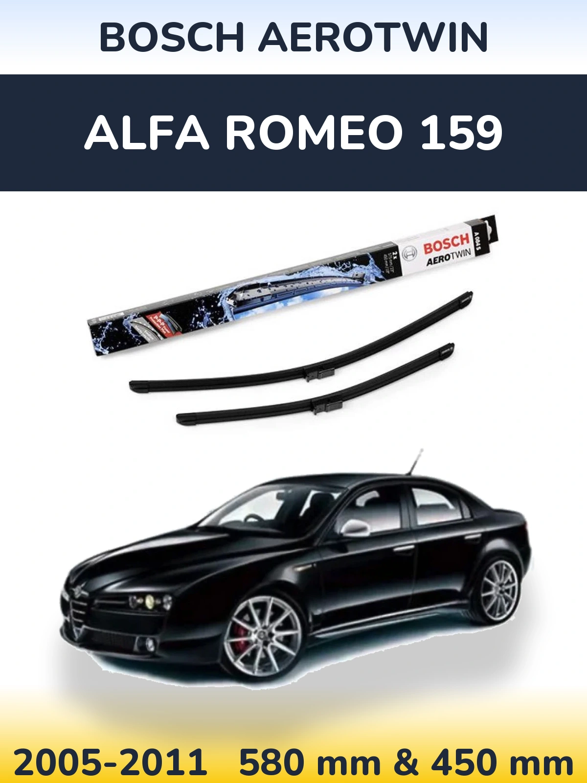 Front wiper blade set BOSCH AeroTwin 580 & 450 mm for Alfa Romeo 159 2005-2011