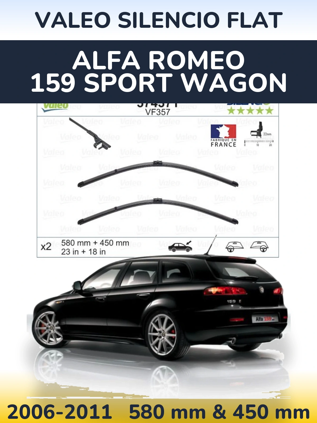 Front wiper blade set Valeo Silencio Flat 580 & 450 mm for Alfa Romeo 159 Sport Wagon 2006-2011