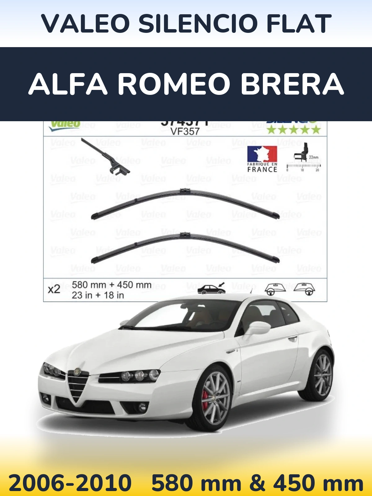 Front wiper blade set Valeo Silencio Flat 580 & 450 mm for Alfa Romeo Brera 2006-2010