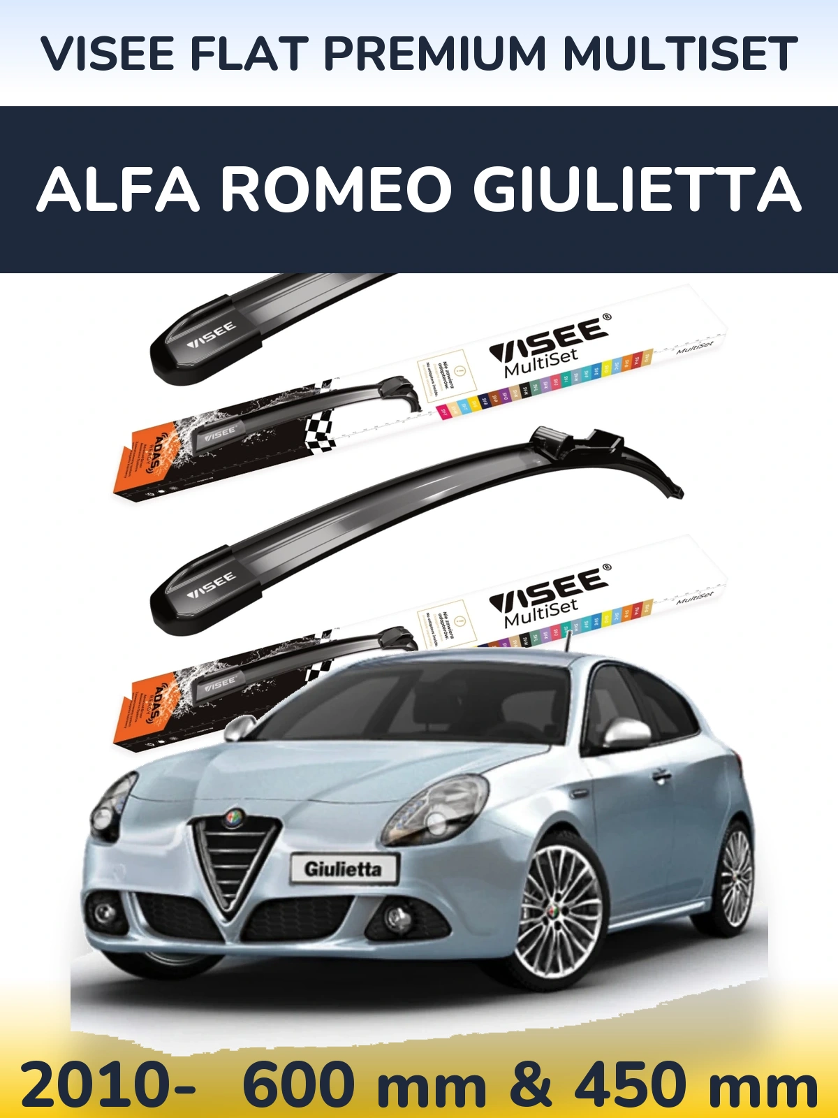 Front wiper blade set VISEE FLAT PREMIUM MultiSet 600 & 450 mm for Alfa Romeo Giulietta 2010-2026