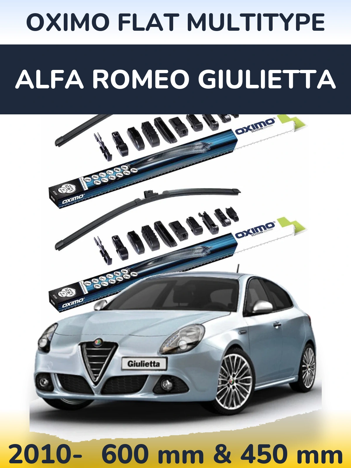 Front wiper blade set Oximo Flat MultiTipoe 600 & 450 mm for Alfa Romeo Giulietta 2010-2026
