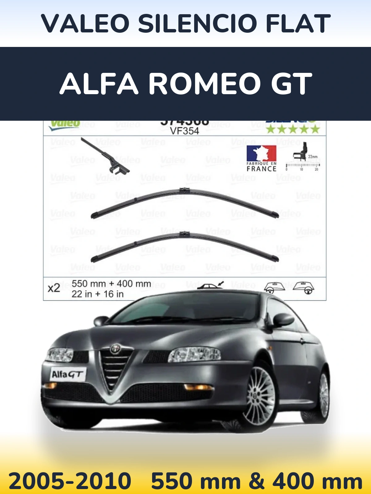 Front wiper blade set Valeo Silencio Flat 550 & 400 mm for Alfa Romeo GT 2005-2010