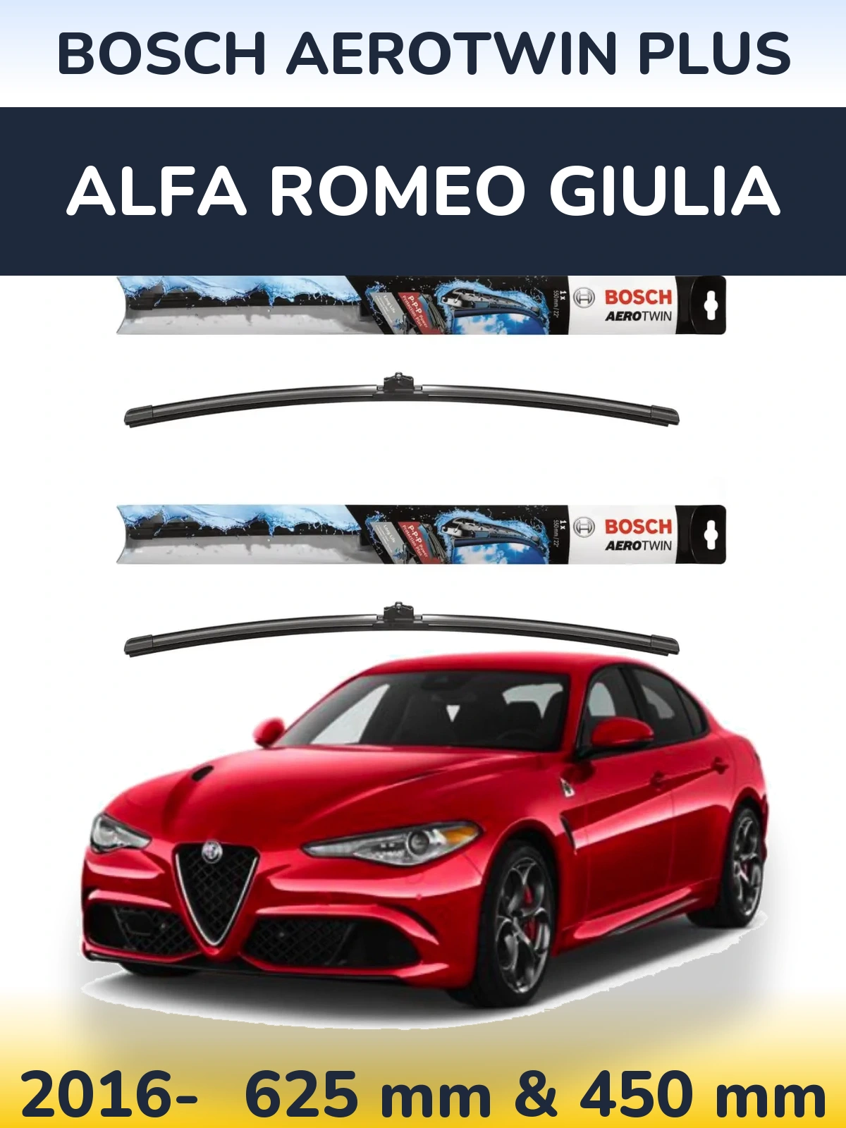 Front wiper blade set BOSCH AeroTwin Plus 600 & 450 mm for Alfa Romeo Giulia 2016-2026
