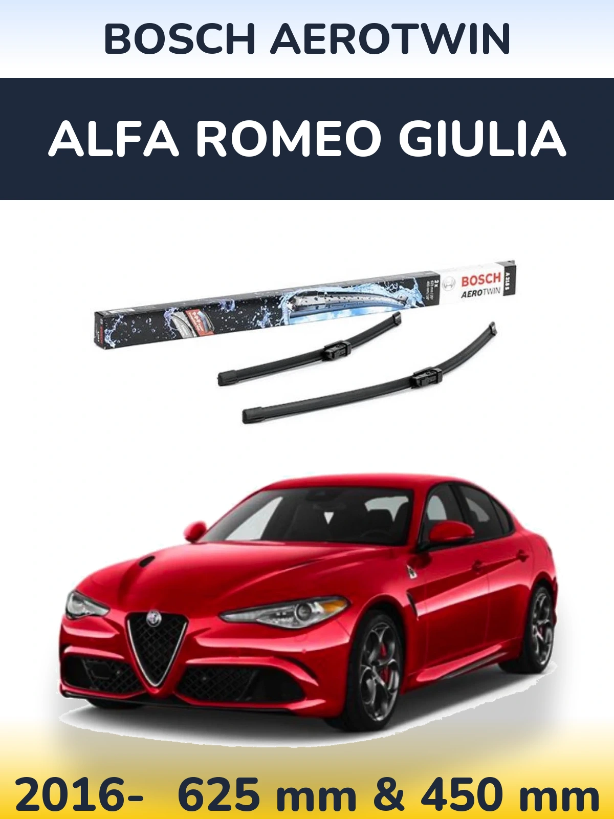 Комплект передніх щіток BOSCH AeroTwin 625 & 450 мм для Alfa Romeo Giulia 2016-2026