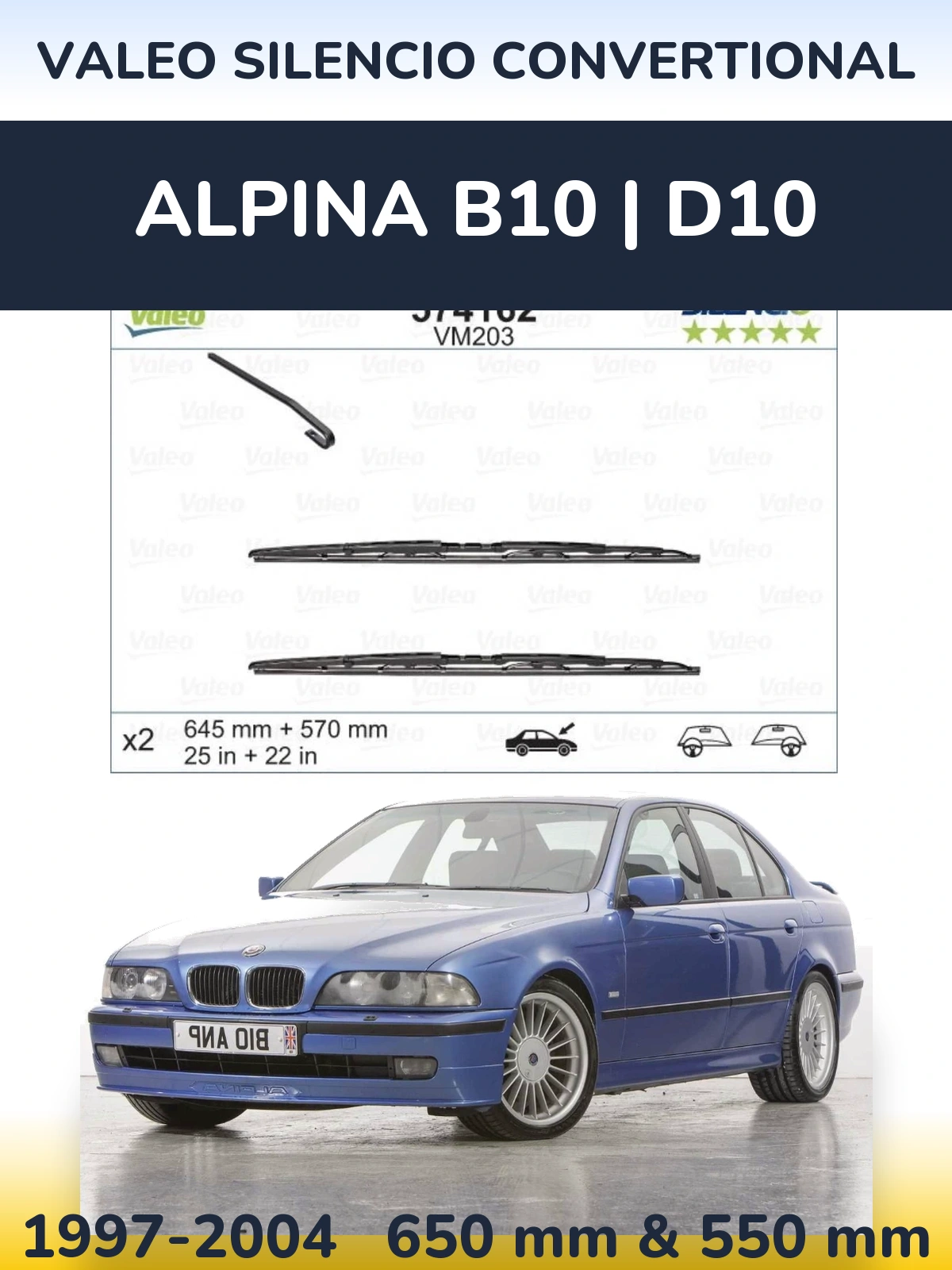 Front wiper blade set Valeo Silencio Convertional 645 & 570 mm for Alpina B10 | D10 1997-2004