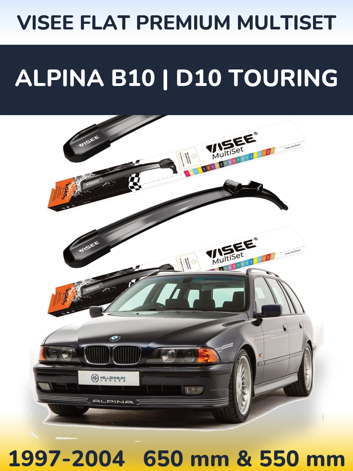 Front wiper blade set VISEE FLAT PREMIUM MultiSet 650 & 550 mm for Alpina B10 | D10 Touring 1997-2004