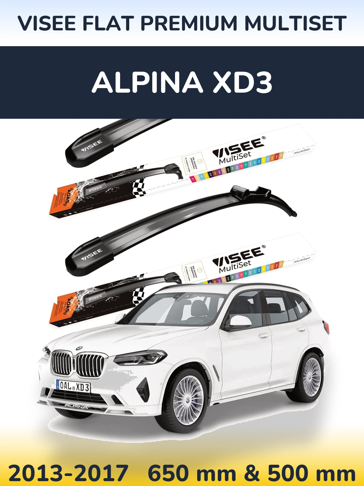 Front wiper blade set VISEE FLAT PREMIUM MultiSet 650 & 500 mm for Alpina XD3 2013-2017