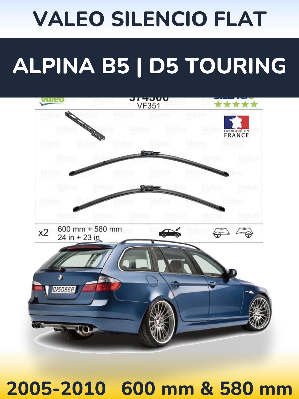 Комплект передніх щіток Valeo Silencio Flat 600 & 580 мм для Alpina B5 | D5 Touring 2005-2010