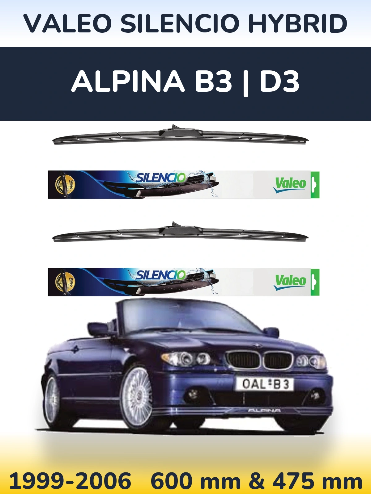 Front wiper blade set Valeo Silencio Hybrid 600 & 475 mm for Alpina B3 | D3 1999-2006