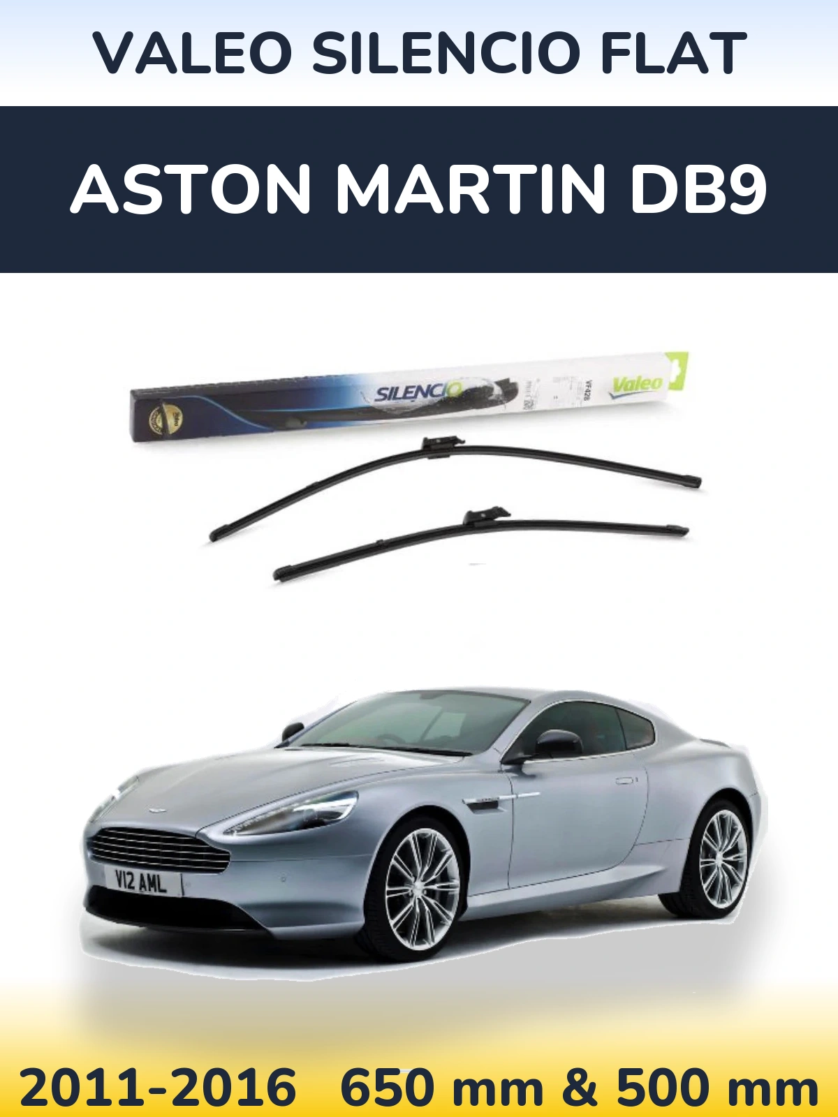 Front wiper blade set Valeo Silencio Flat 650 & 500 mm for Aston Martin DB9 2011-2016
