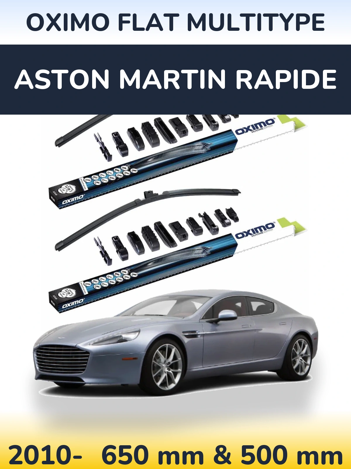 Front wiper blade set Oximo Flat MultiTypee 650 & 500 mm for Aston Martin Rapide 2010-2026