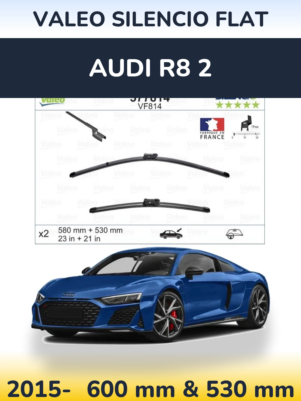 Front wiper blade set Valeo Silencio Flat 580 & 530 mm for Audi R8 2 2015-2026