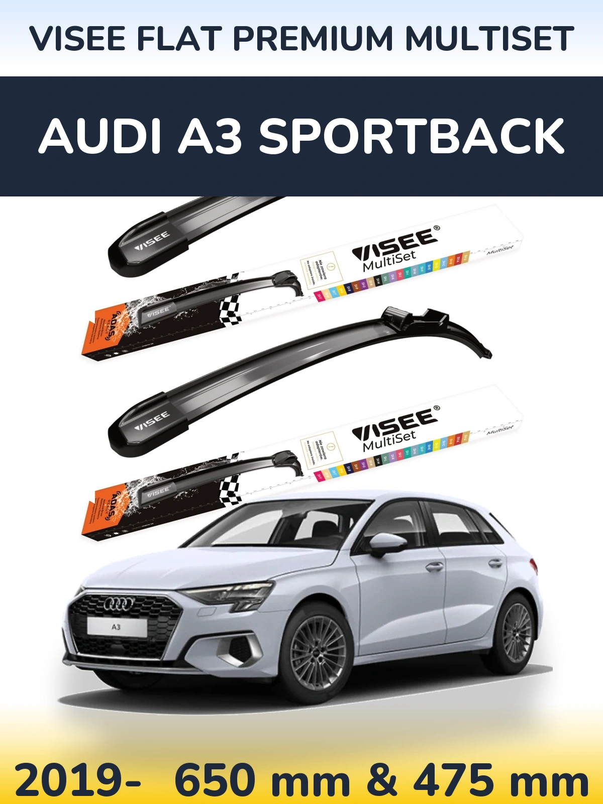 Front wiper blade set VISEE FLAT PREMIUM MultiSet 650 & 475 mm for Audi A3 Sportback 2019-2026