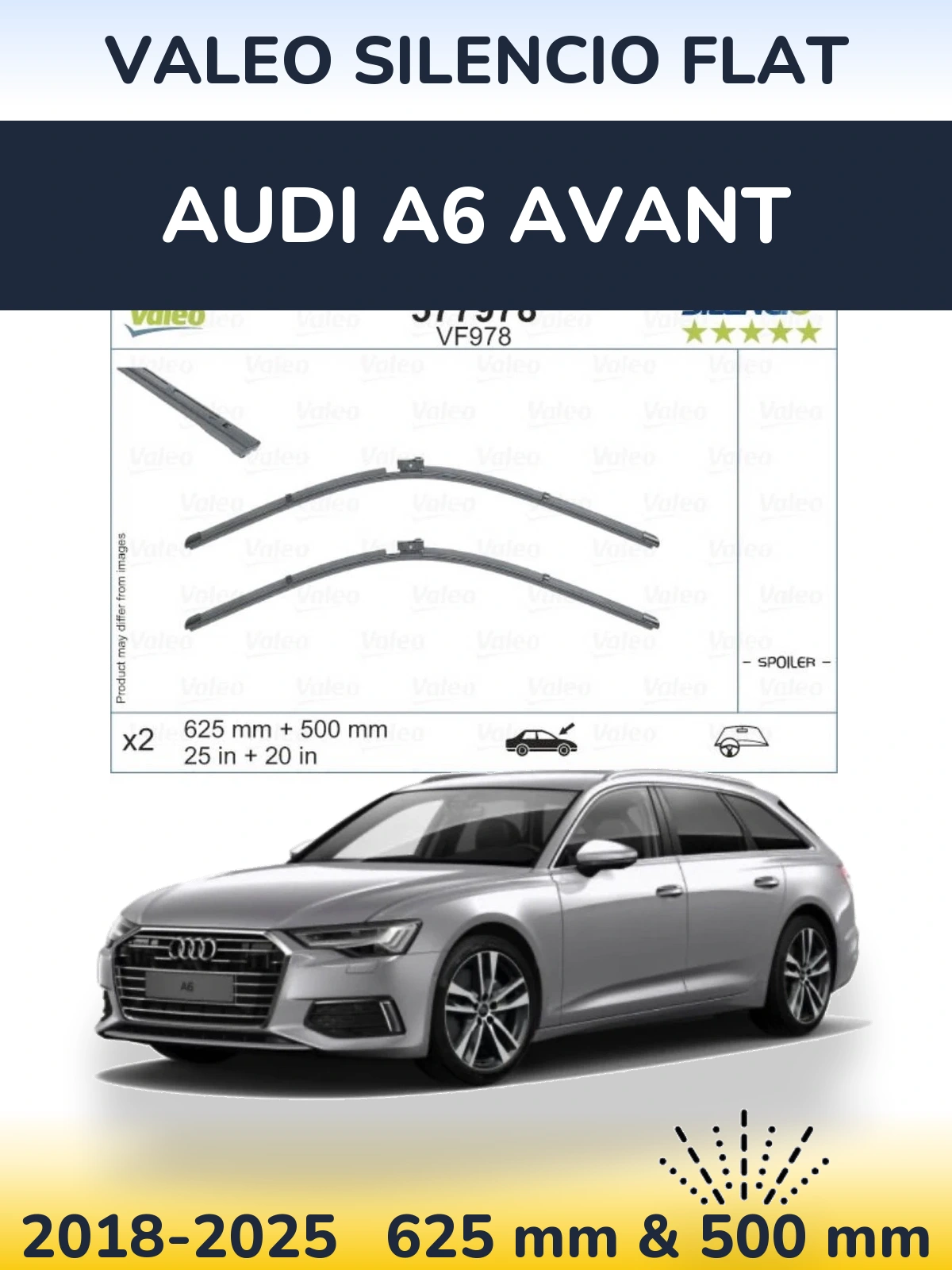 Front wiper blade set Valeo Silencio Flat 625 & 500 mm for Audi A6 Avant 2018-2025