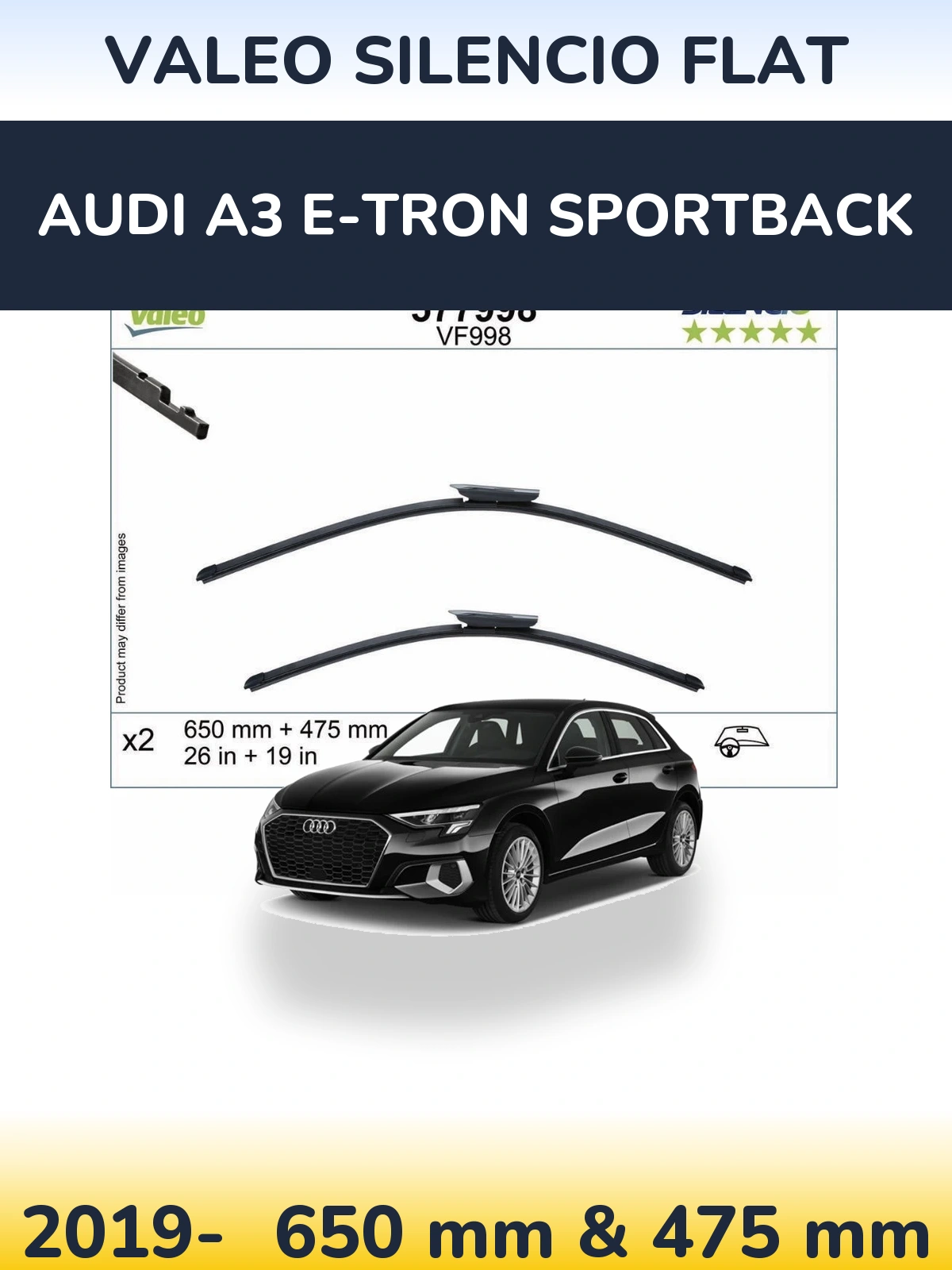 Front wiper blade set Valeo Silencio Flat 650 & 475 mm for Audi A3 e-tron Sportback 2019-2026