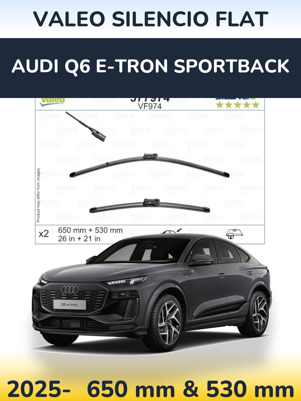 Front wiper blade set Valeo Silencio Flat 650 & 530 mm for Audi Q6 e-tron Sportback 2025-2026