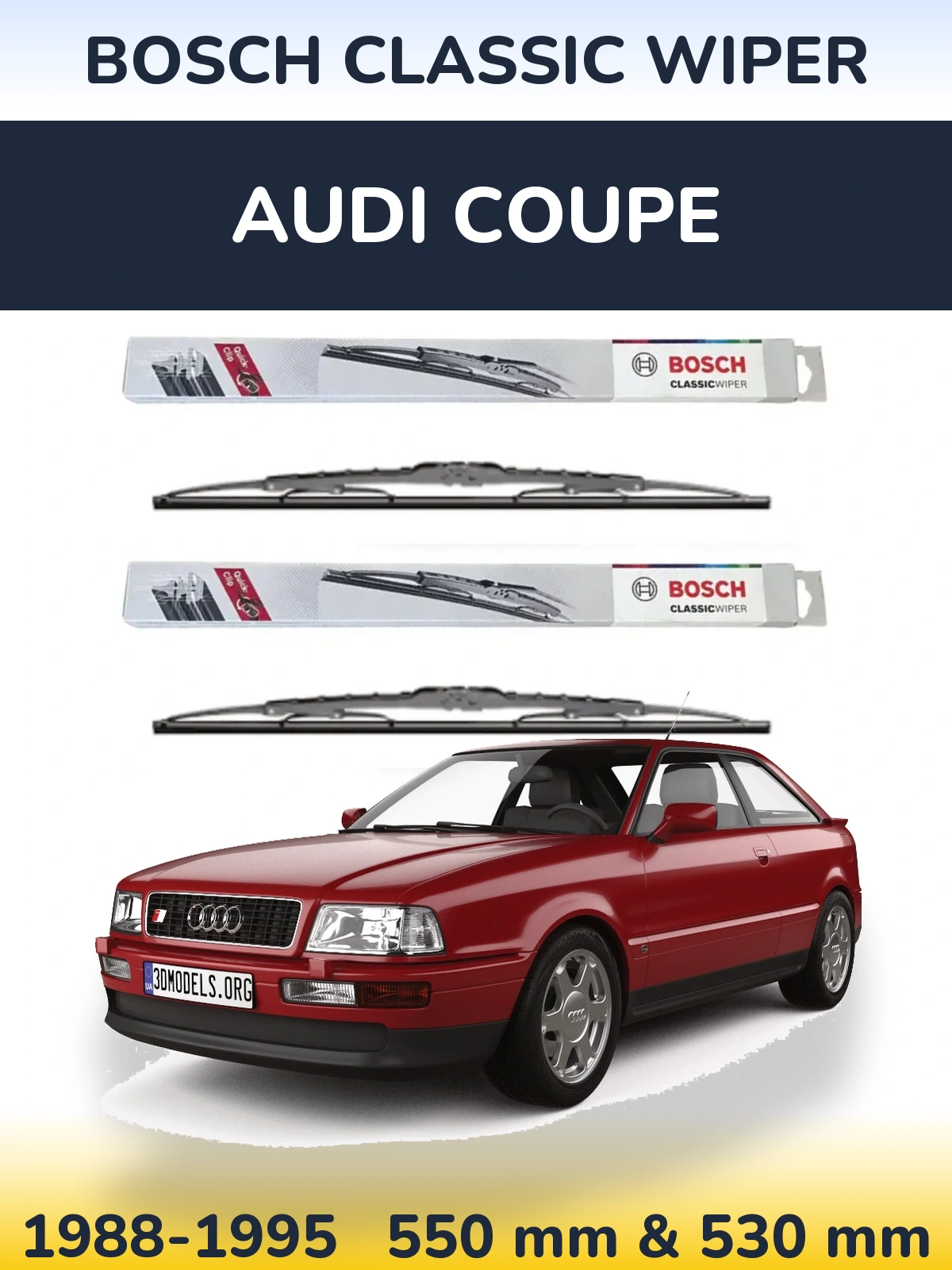 Front wiper blade set BOSCH Classic Wiper 550 & 530 mm for Audi Coupe 1988-1995