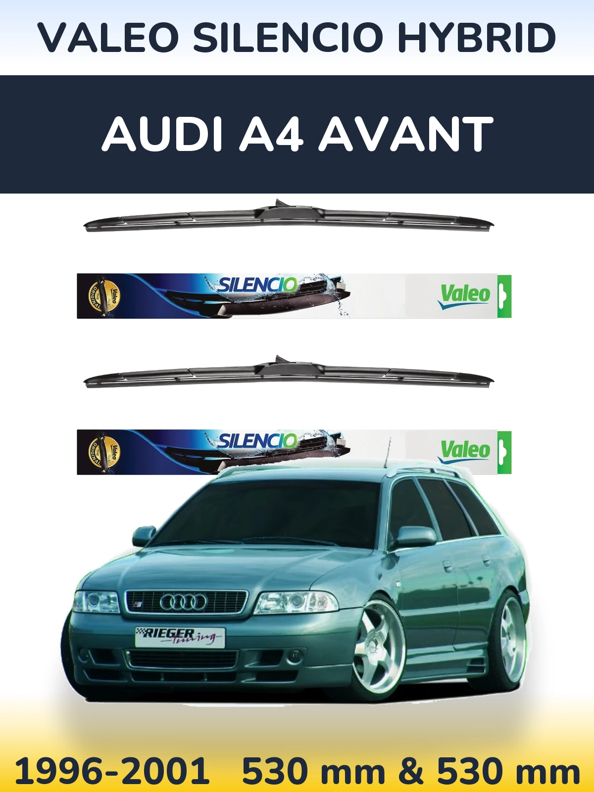 Front wiper blade set Valeo Silencio Hybrid 530 & 530 mm for Audi A4 Avant 1996-2001