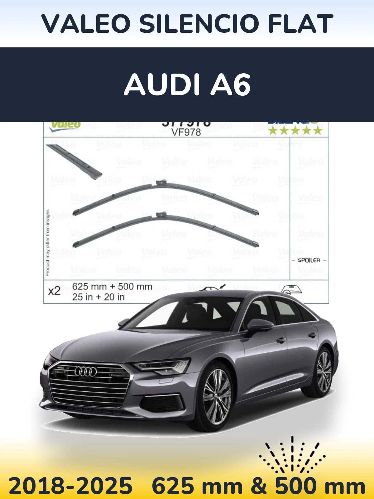 Front wiper blade set Valeo Silencio Flat 625 & 500 mm for Audi A6 2018-2025