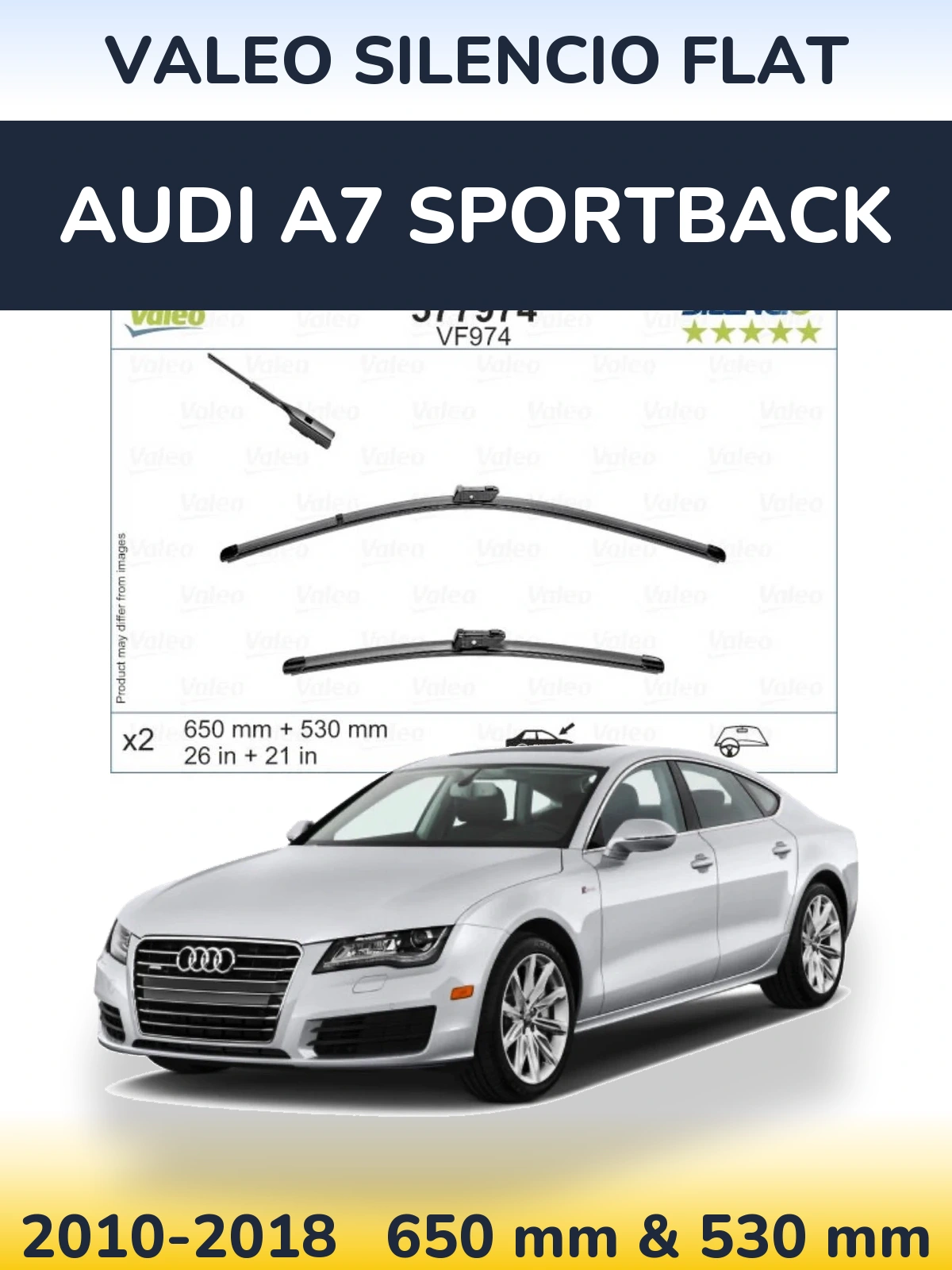Front wiper blade set Valeo Silencio Flat 650 & 530 mm for Audi A7 Sportback 2010-2018