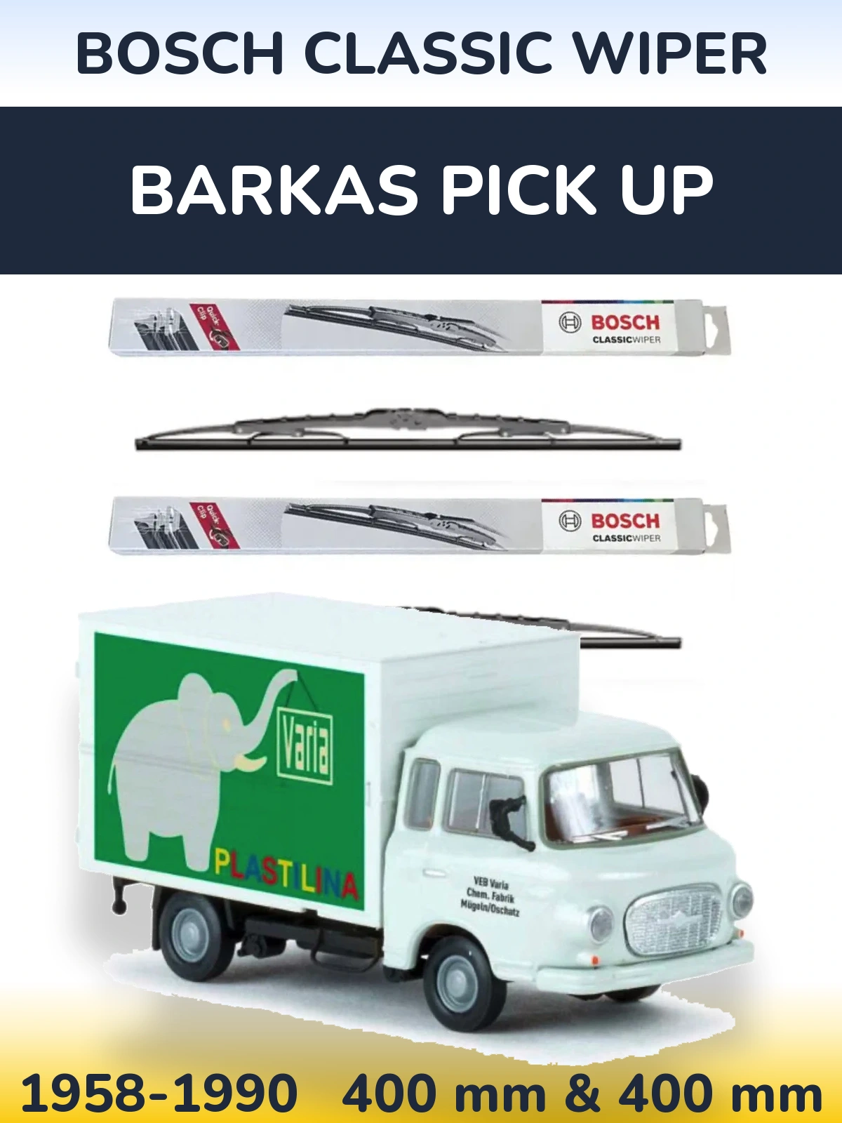 Front wiper blade set BOSCH Classic Wiper 400 & 400 mm for Barkas Pick Up 1958-1990