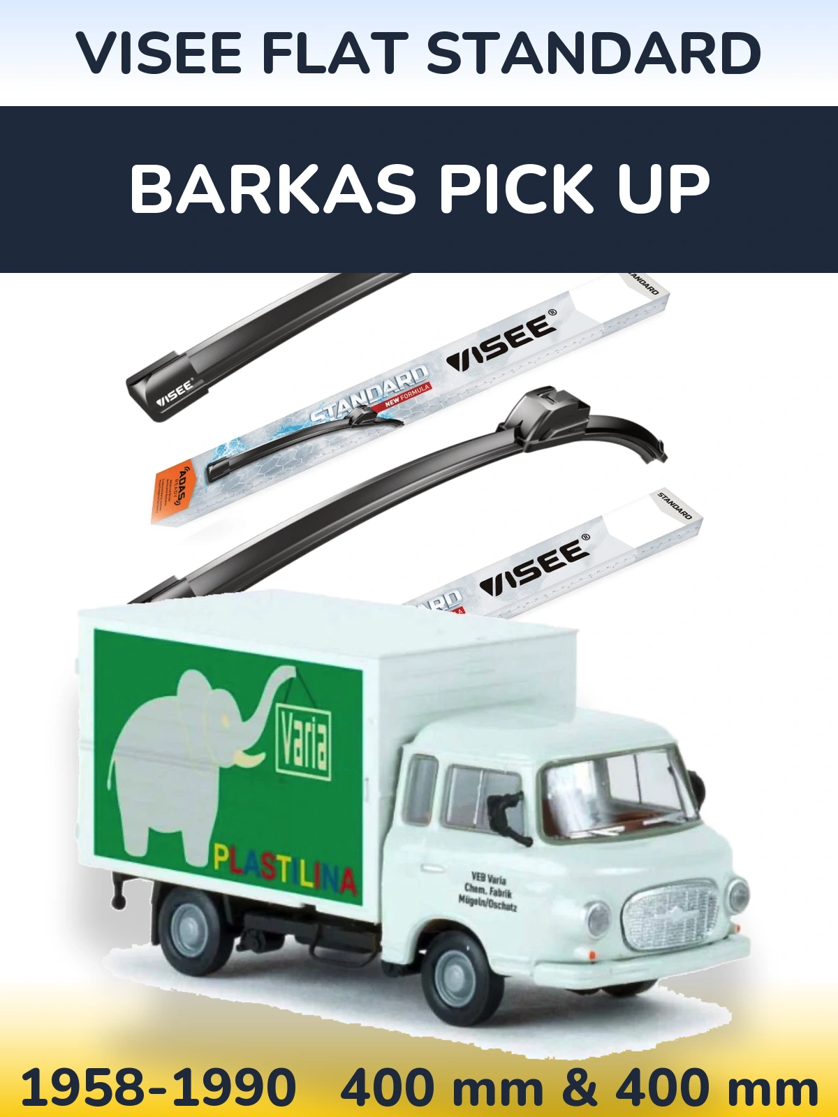 Front wiper blade set VISEE FLAT STANDARD 400 & 400 mm for Barkas Pick Up 1958-1990