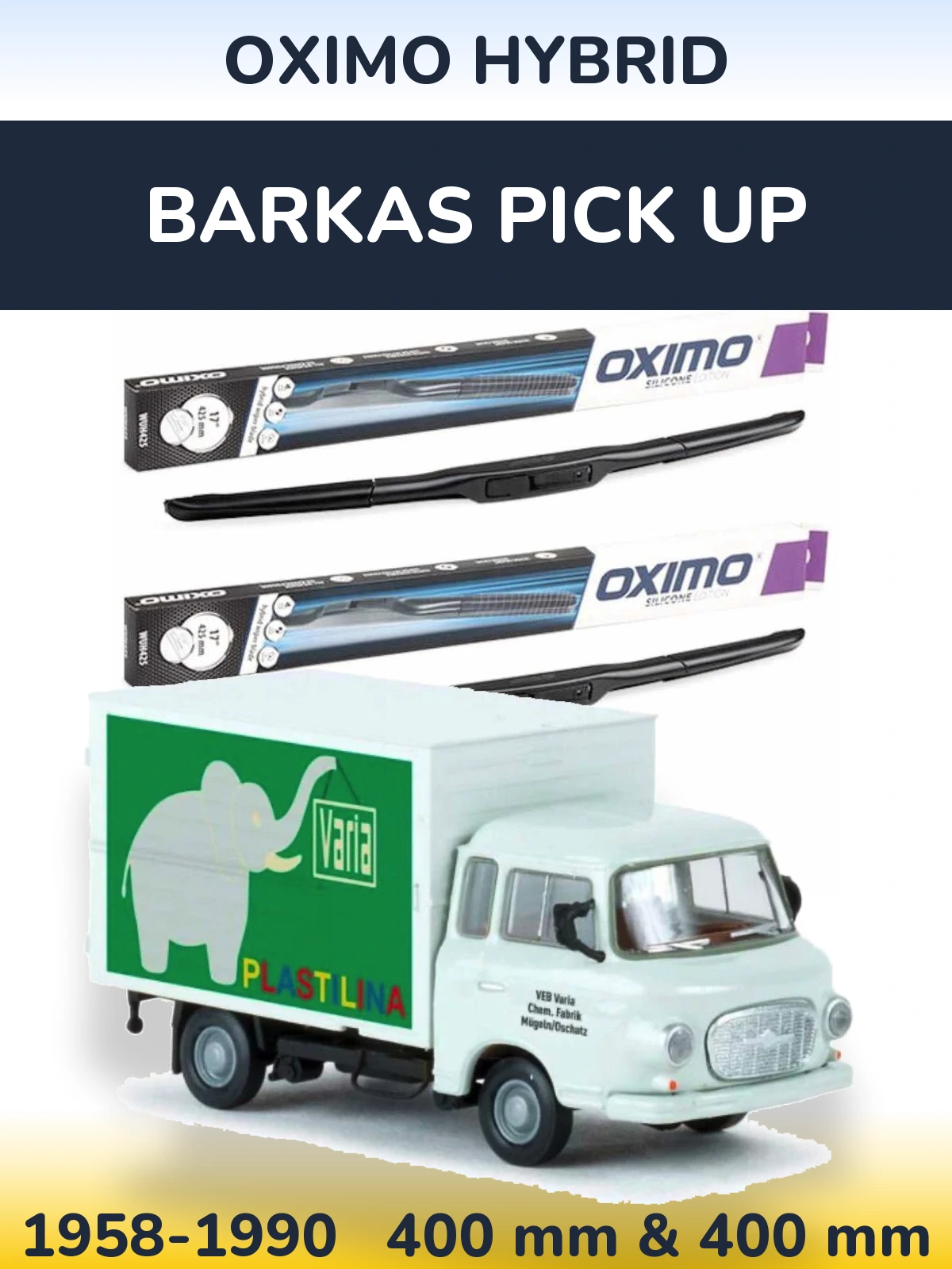 Front wiper blade set Oximo Hybrid 400 & 400 mm for Barkas Pick Up 1958-1990