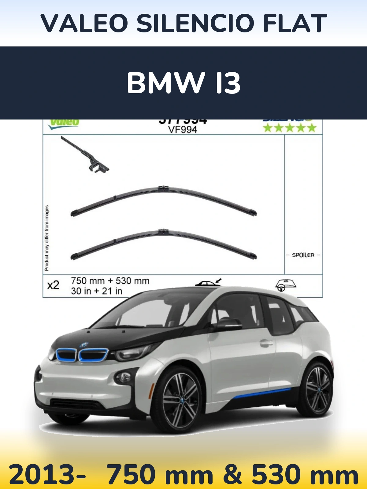 Комплект передних дворников Valeo Silencio Flat 750 & 530 мм для BMW i3 2013-2026