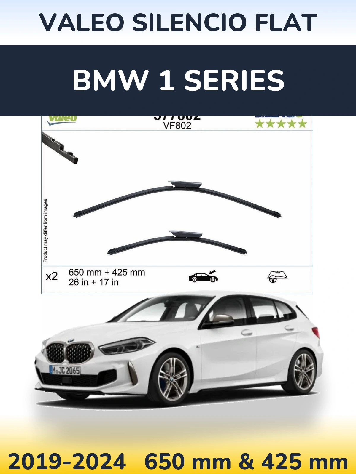 Front wiper blade set Valeo Silencio Flat 650 & 425 mm for BMW 1 Series 2019-2024