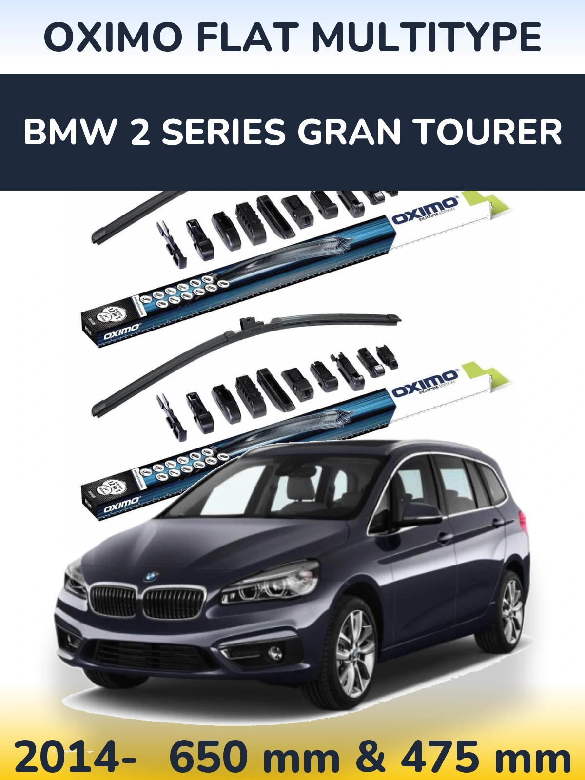 Front wiper blade set Oximo Flat MultiTipoe 650 & 475 mm for BMW 2 Series Gran Tourer 2014-2026