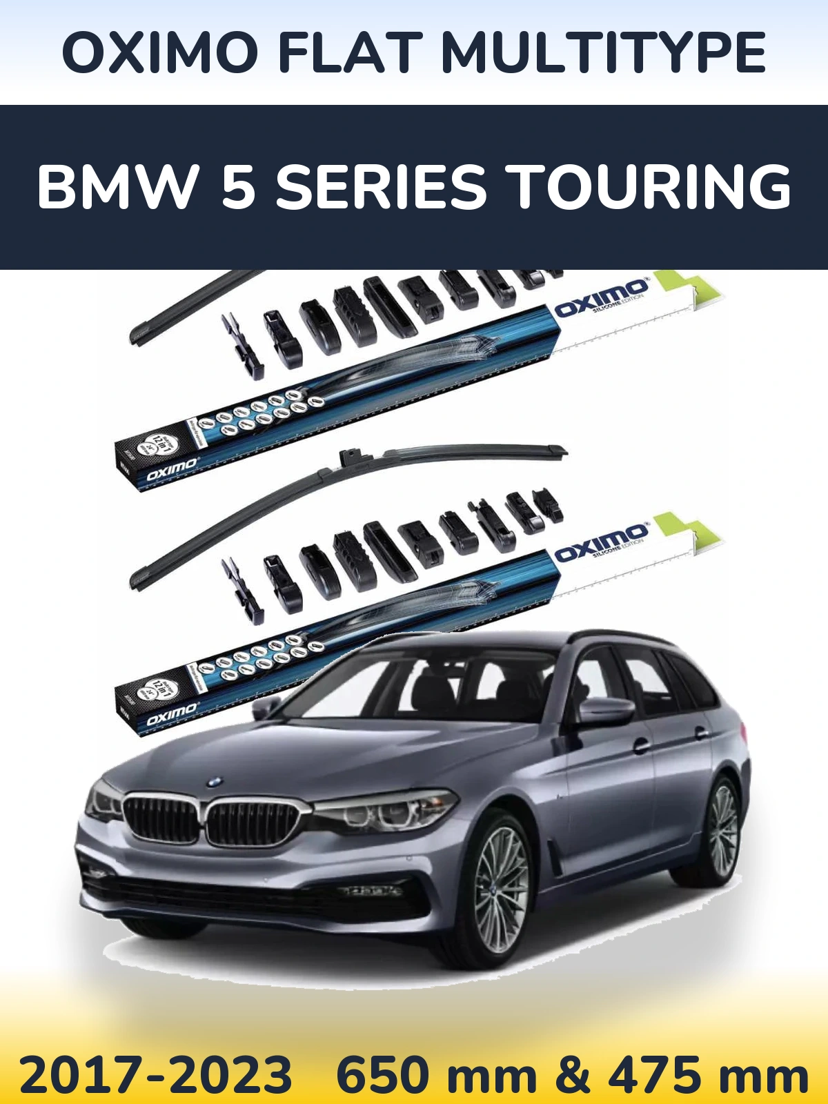 Front wiper blade set Oximo Flat MultiTipoe 650 & 475 mm for BMW 5 Series Touring 2017-2023