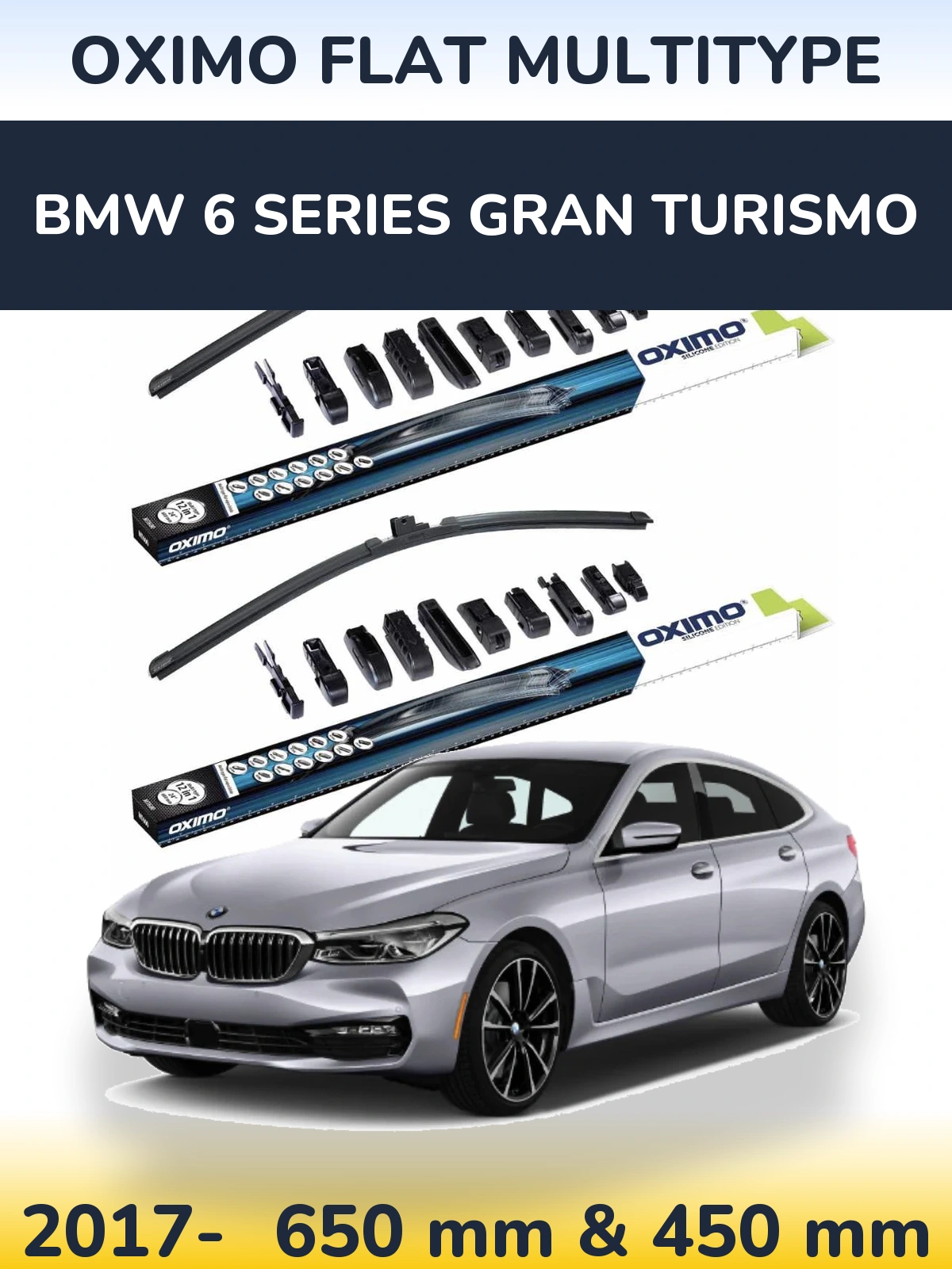 Front wiper blade set Oximo Flat MultiTipoe 650 & 450 mm for BMW 6 Series Gran Turismo 2017-2026